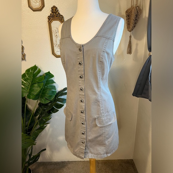 Vintage Y2K A. Byer Mini Utility Button Front Grey Sheath Dress Size 11 Large - Picture 1 of 10